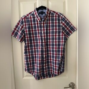 Men's Tommy Hilfiger Short Sleeve Red Blue Button Down Plaid Shirt L casual